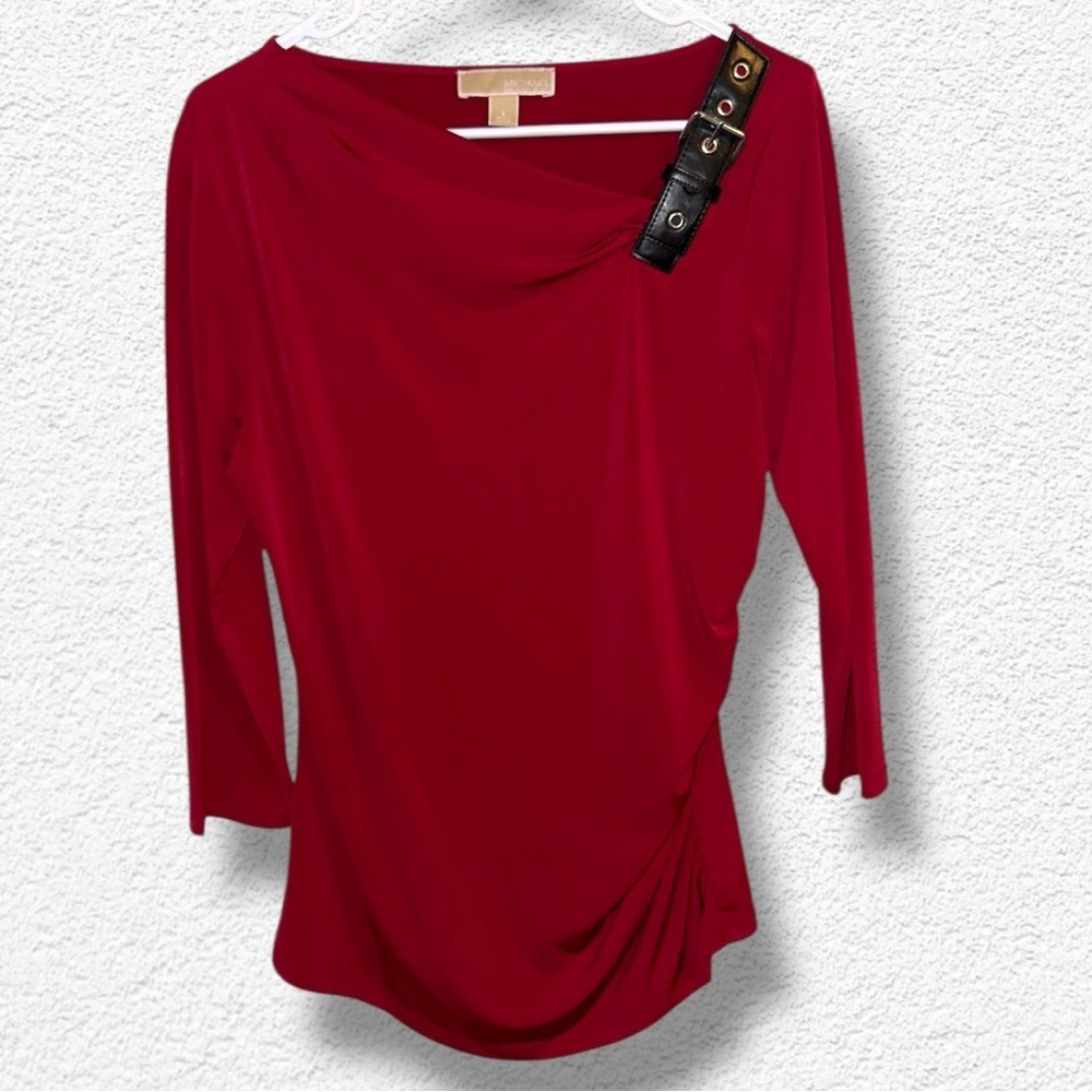 🌺VTG- Michael Kors Deep Red Asymmetric Drape Ruched Blouse/ ShoulderBlack Buckle - Picture 1 of 5